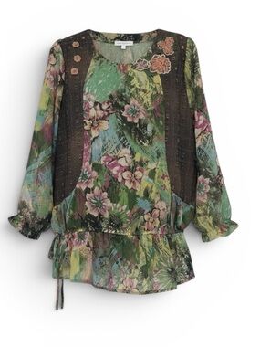 Simply Couture Boho Floral Patchwork Tunic Peplum Top Desert Boho Chic Crochet M